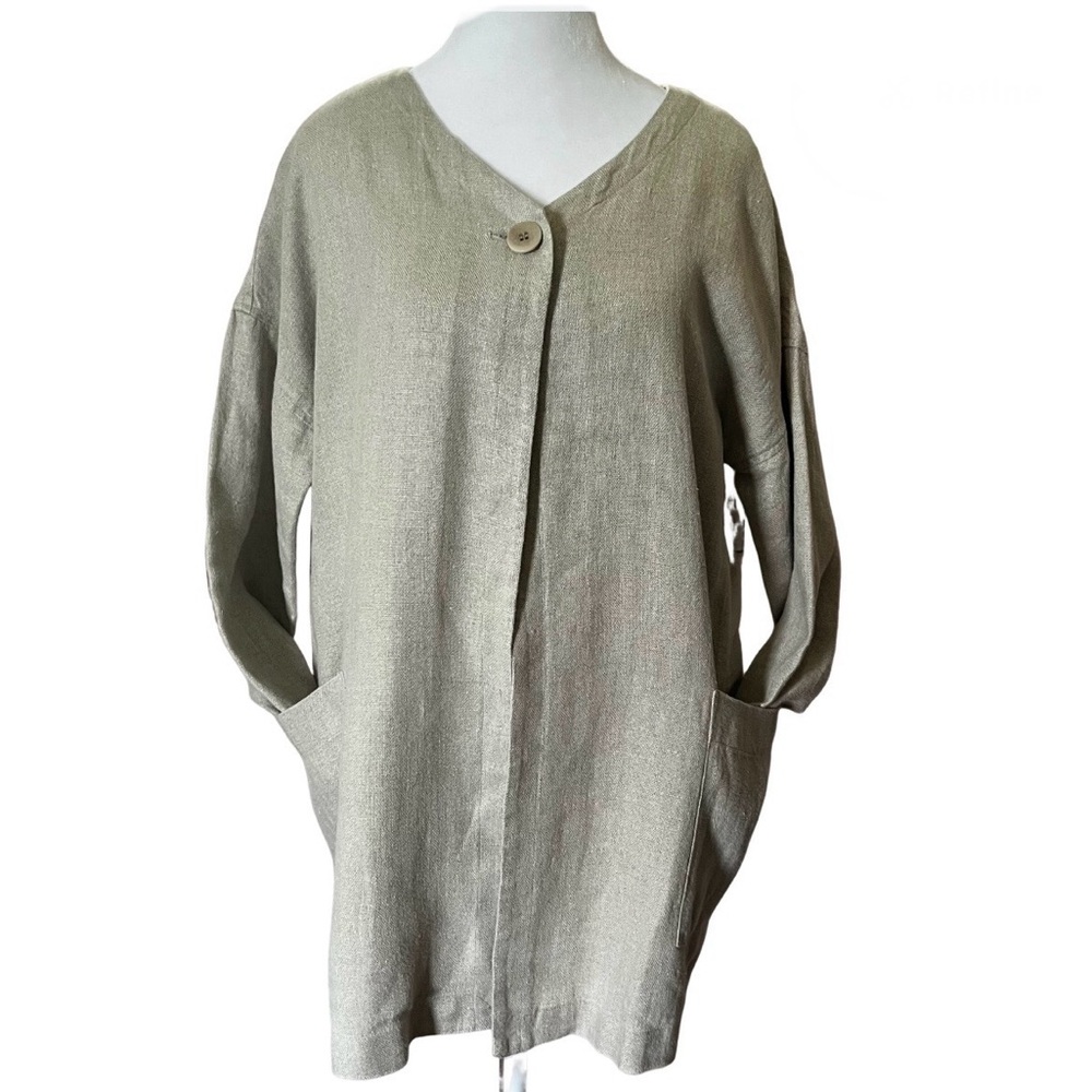 Eileen Fisher 100% Linen Natural Beige Long Jacket Pockets One Button V Neck Sm